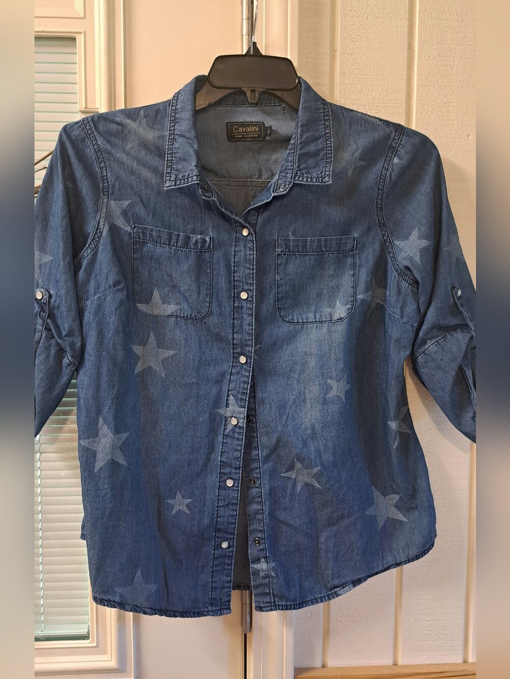 Cavalini Denim Star Print Pearl Snap  Shirt Top Chambray Patriotic Stars LRG